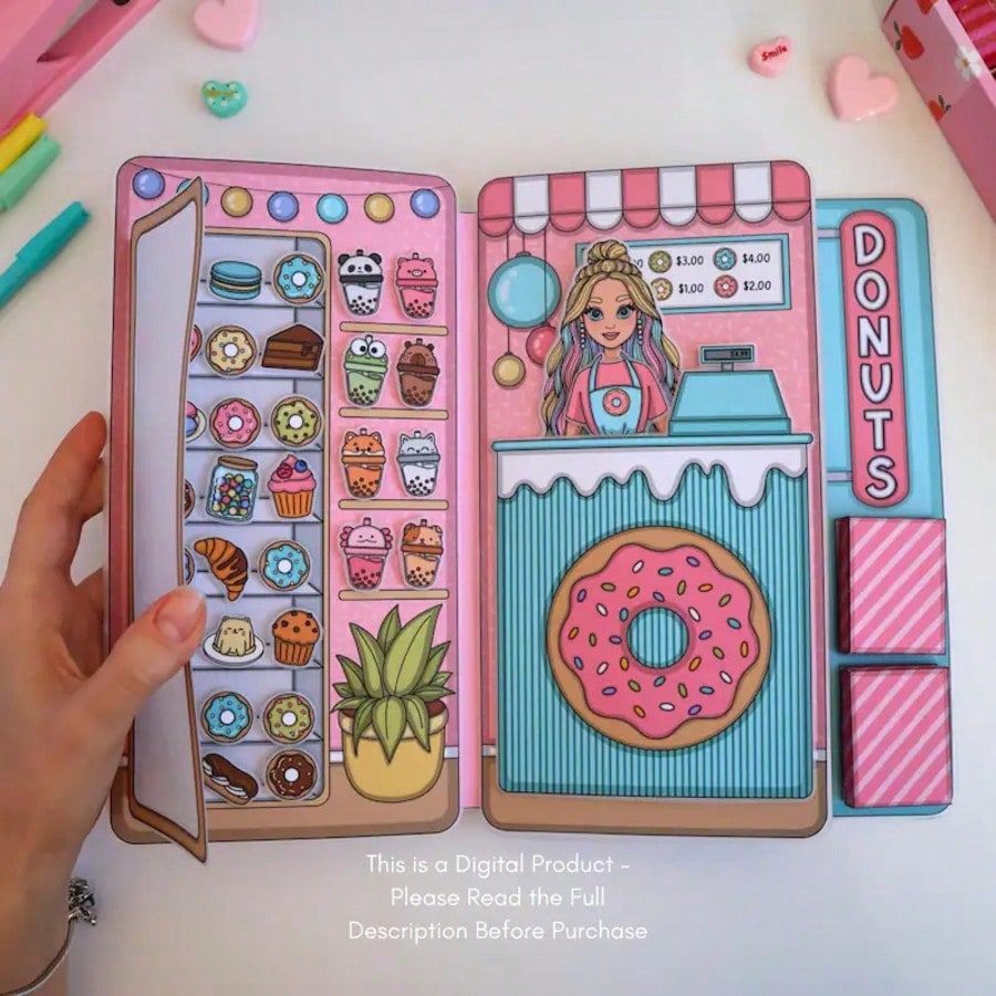 Art Craft For 3 Year Old - ドーナツショップごっこ遊びキット、DIYペーパードールハウスステッカーブック、子供用静かなお絵かきブッククラフトセット、切り抜き＆手作りおもちゃ