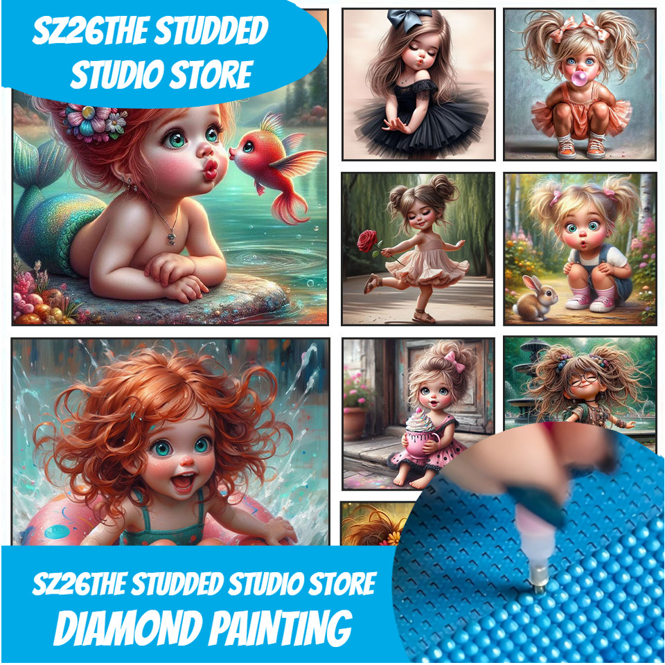 Art Craft Girl - Sz26 スタッズ付き5D DIYダイヤモンドペインティングキット いたずらっ子の女の子 フルラウンドラインストーンクロスステッチ 手作りモザイク