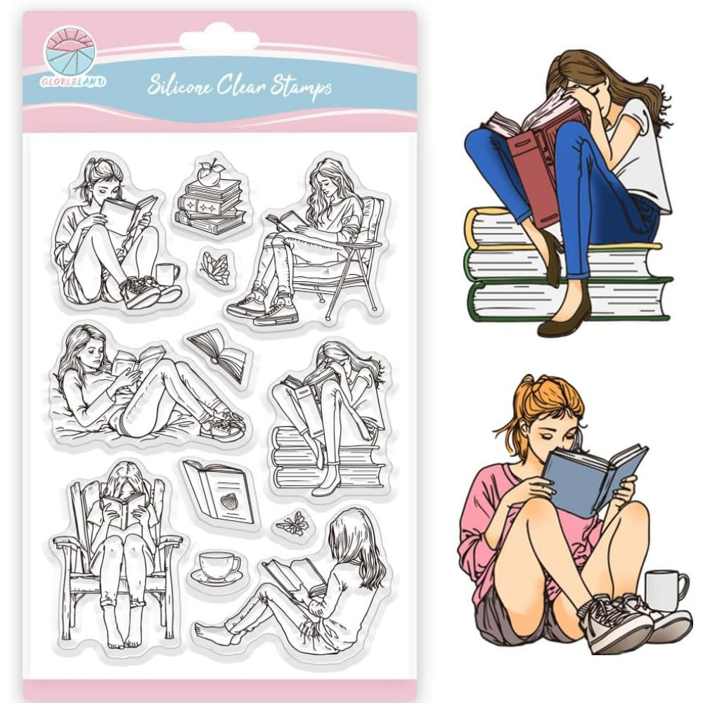 Rubber Stamp Blank - Lady and Books クリアスタンプ 本の読書 シリコーンクリアスタンプ