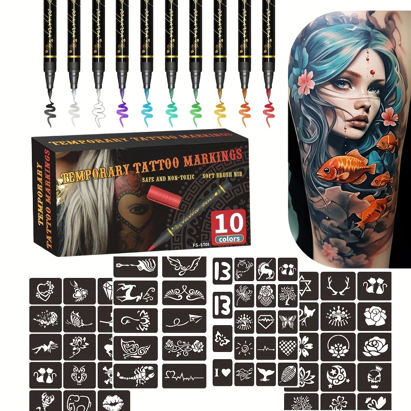 Illustration Marker Set - 一時的なタトゥーマーカーセット 10色 59種類の再利用可能なテンプレート付き メタリックボディアートペン DIY描画メイクアップツール
