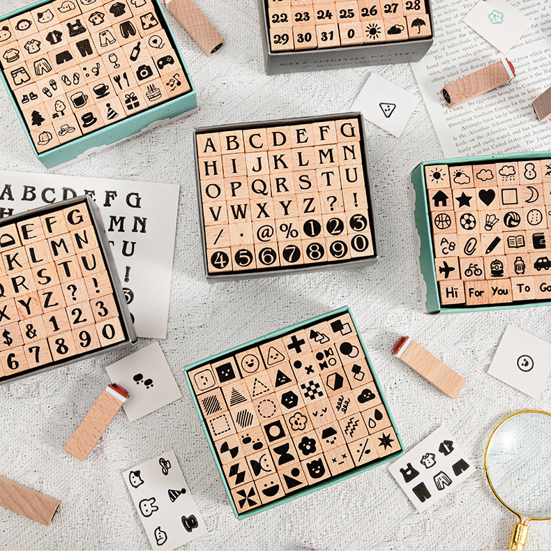 Rubber Stamp Blank - かわいい木製プランナーゴムスタンプセット、アルファベット数字絵文字装飾スタンプ、ジャーナル、ブジョ、スクラップブッキング、DIYクラフト用