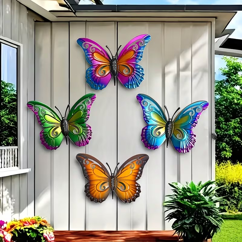 Art Craft Butterfly - カラフルな金属製の蝶の像の壁飾り4個セット。庭園、中庭、屋外のフェンスの壁の装飾に適しています。