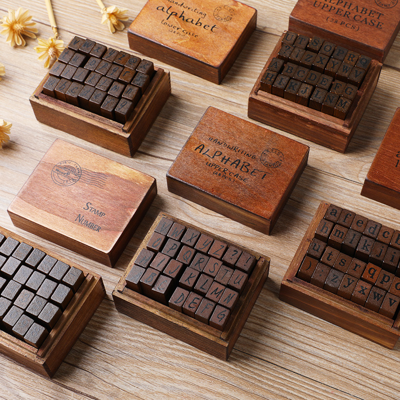 Rubber Stamp Blank - 28個入り/箱 アルファベットスタンプ ヴィンテージ木製ゴム文字スタンプセット クラフトカード作成 プランナー スクラップブッキング