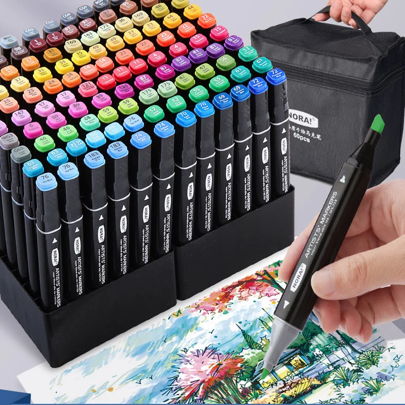 Illustration Marker Set - 双頭スクエアペンセット,学生用ペイントセット,油,速乾性,水彩マーカー,30色,60色