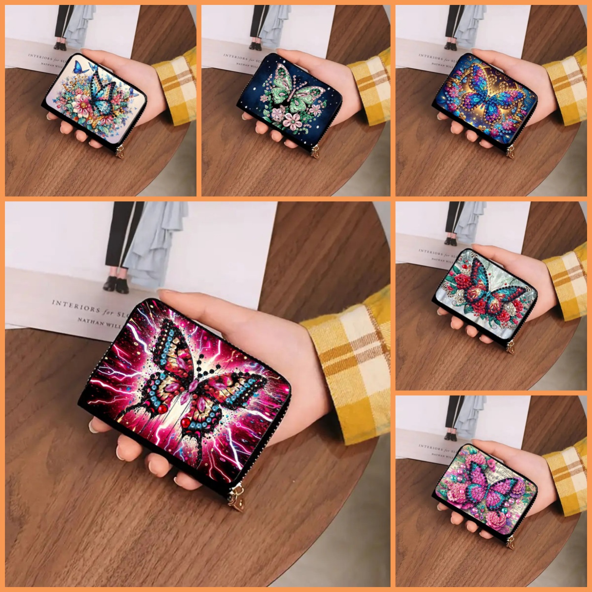 Art Craft Butterfly - 蝶の模様とクリスタル宝石付きのDIYダイヤモンドペインティングセット1個とPUカードケース。お金や銀行カードの収納に適しています。