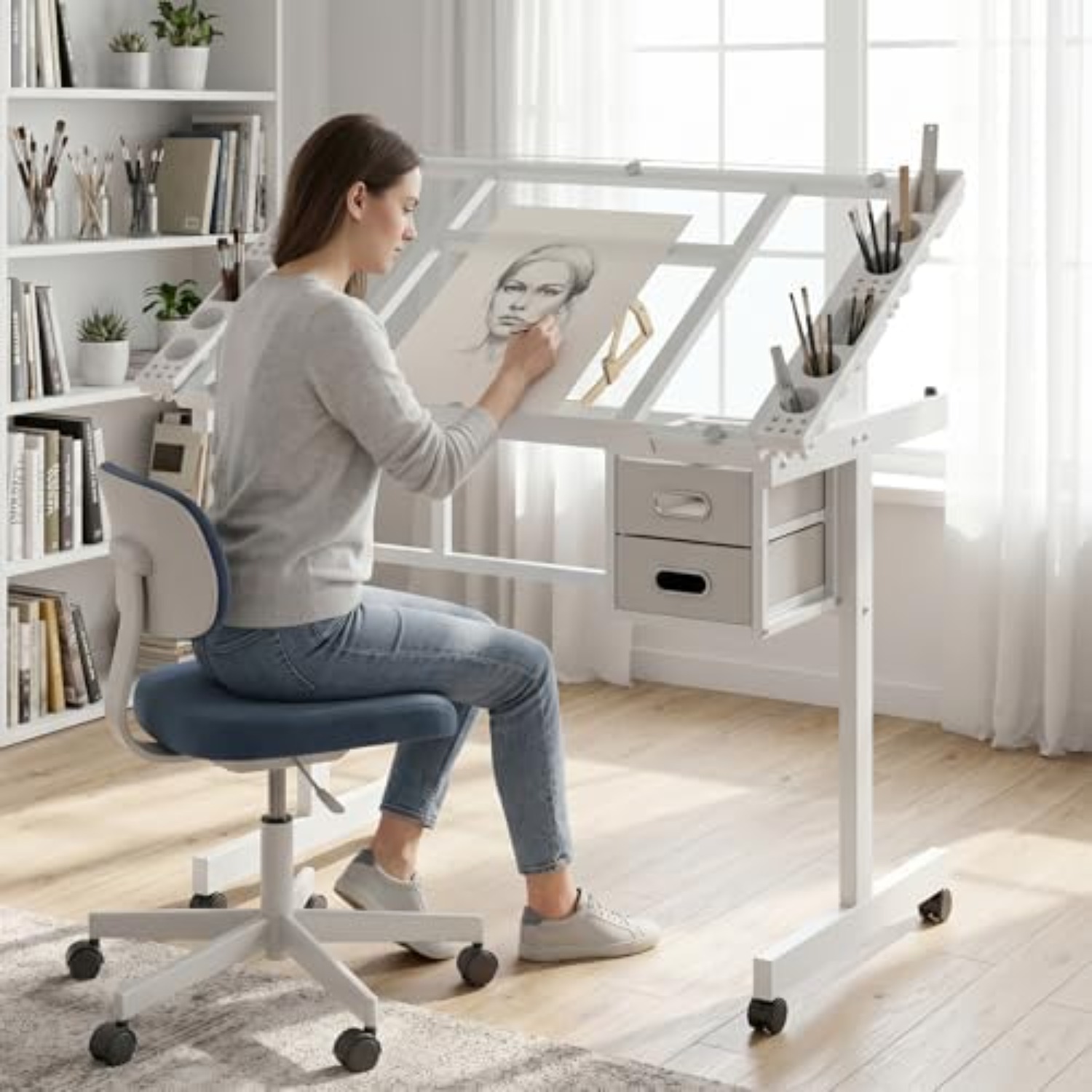 Art Crafting - ローリング製図テーブルデスク、絵画テーブル、アートクラフトデスク、調整可能な傾斜付き強化ガラス天板付きクラフトテーブル、2