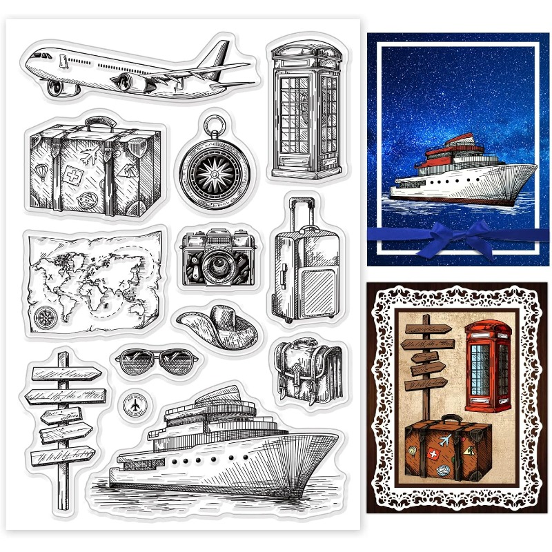 Rubber Stamp Blank - 旅行シリコーンクリアスタンプ飛行機地図透明シリコーンスタンプカメラボートゴム印スクラップブックジャーナルカード作成用
