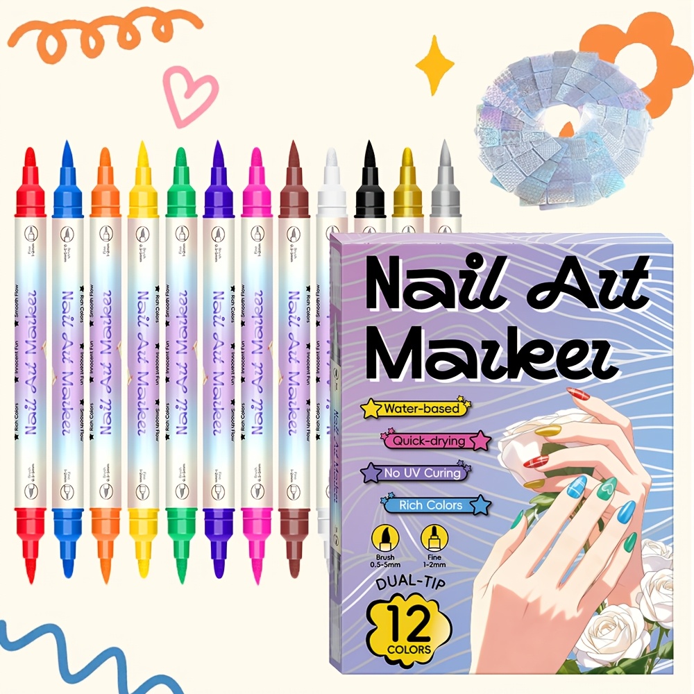 Illustration Marker Set - 12色ネイルアートペンセット 24種類のステンシル 両端ネイル描画マーカー 速乾性 DIYマニキュアデコレーションツール クリエイティブ用