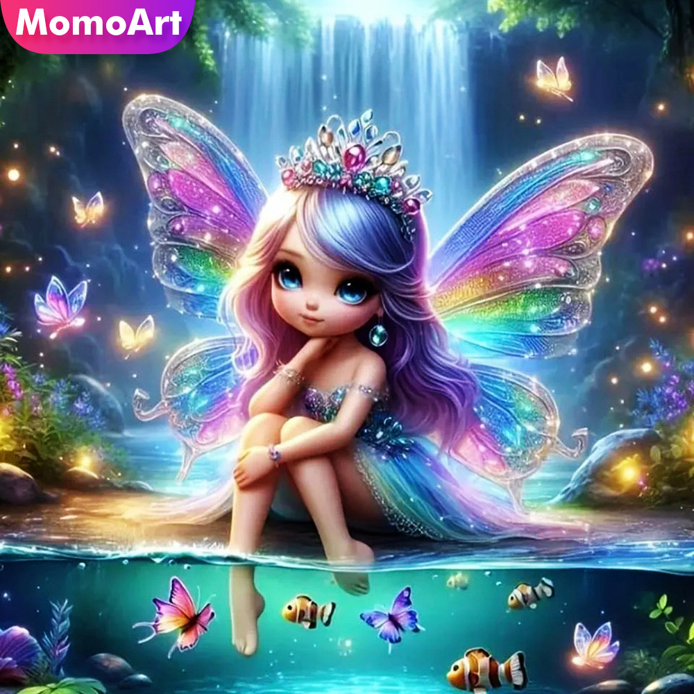 Art Craft Girl - Momoart-漫画のモザイクダイヤモンド絵画,女の子の肖像画,精神,正方形または円形,蝶の刺embroidery,壁の装飾,新しい,2024