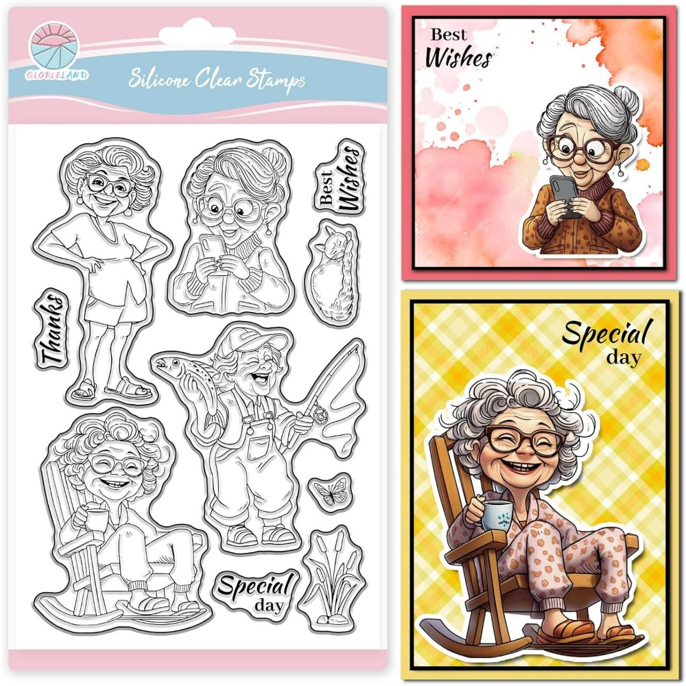 Rubber Stamp Blank - 笑顔の老婦人クリアスタンプ スクラップブッキング用 釣り祖母 シリコーンスタンプ 猫の女性 透明スタンプ
