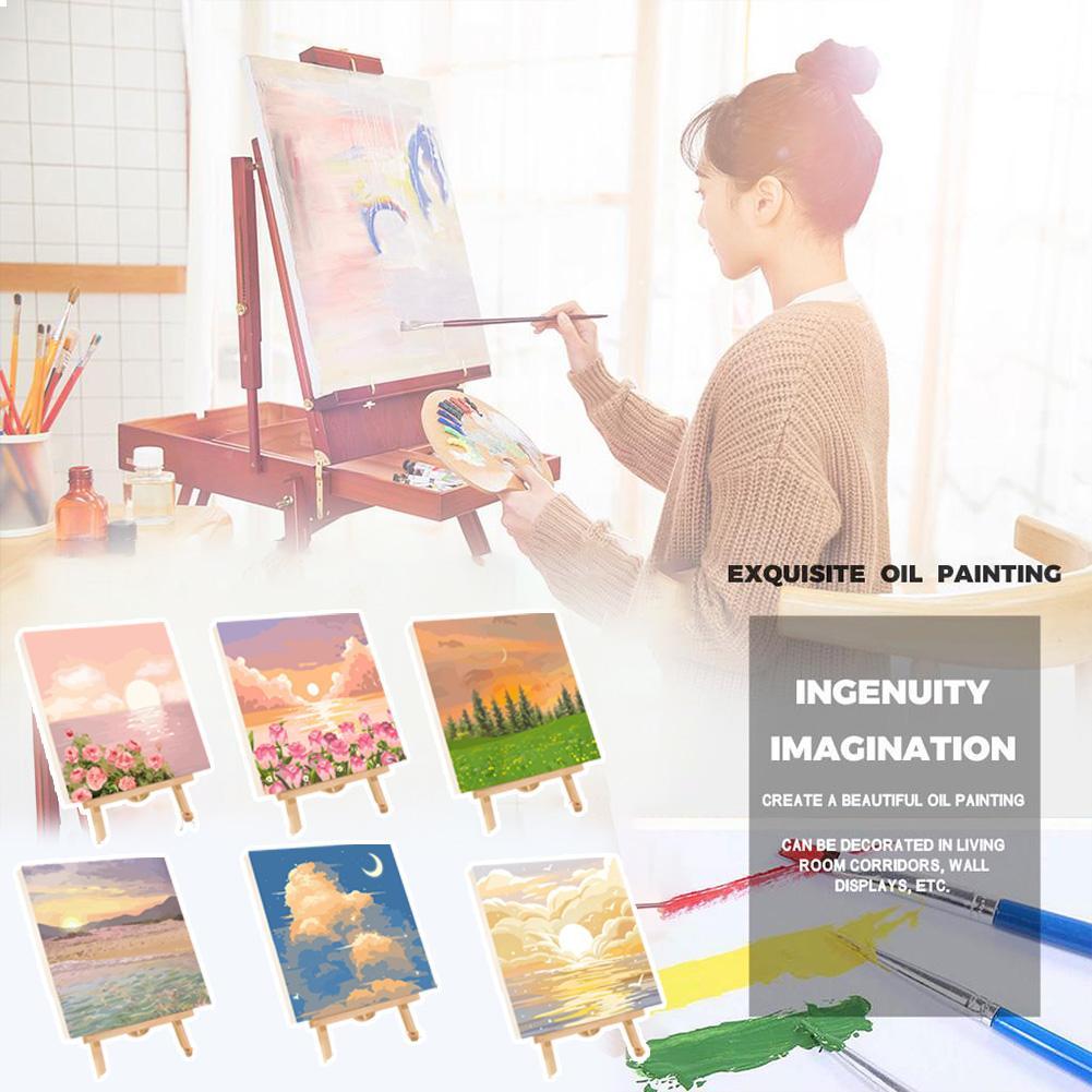 Art Craft Number - 大人と子供のためのDIYペイントバイナンバーズキット、6種類の風景油絵セット（ミニイーゼル、ブラシ付き）、数字で描くアートクラフト