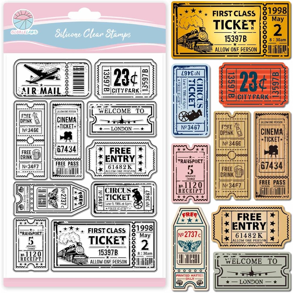 Rubber Stamp Blank - ヴィンテージチケットクリアスタンプスクラップブッキング用電車飛行機チケットシリコンスタンプタグフレーム透明スタンプカード作成用