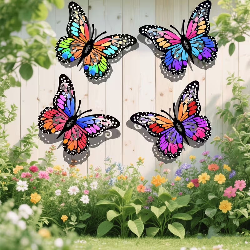 カラフルな金属製の蝶の像の壁飾り4個セット。庭園、中庭、屋外 - Art Craft Butterfly のレビューと価格