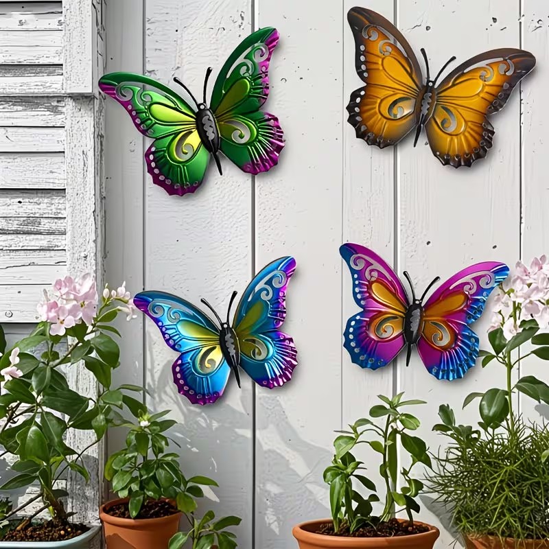 カラフルな金属製の蝶の像の壁飾り4個セット。庭園、中庭、屋外 - Art Craft Butterfly のレビューと価格